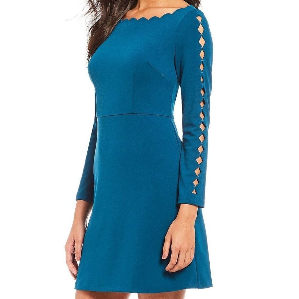 Adrianna Papell Womens Scalloped Neck Dress Teal Blue Cutout Long Sleeve size 6